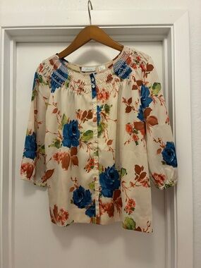 JH Collectibles Cream Blouse with Blue and Rust Floral Print